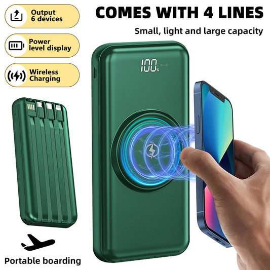 Wireless Power Bank – 4 Built-in Cables & 15W Fast Charging