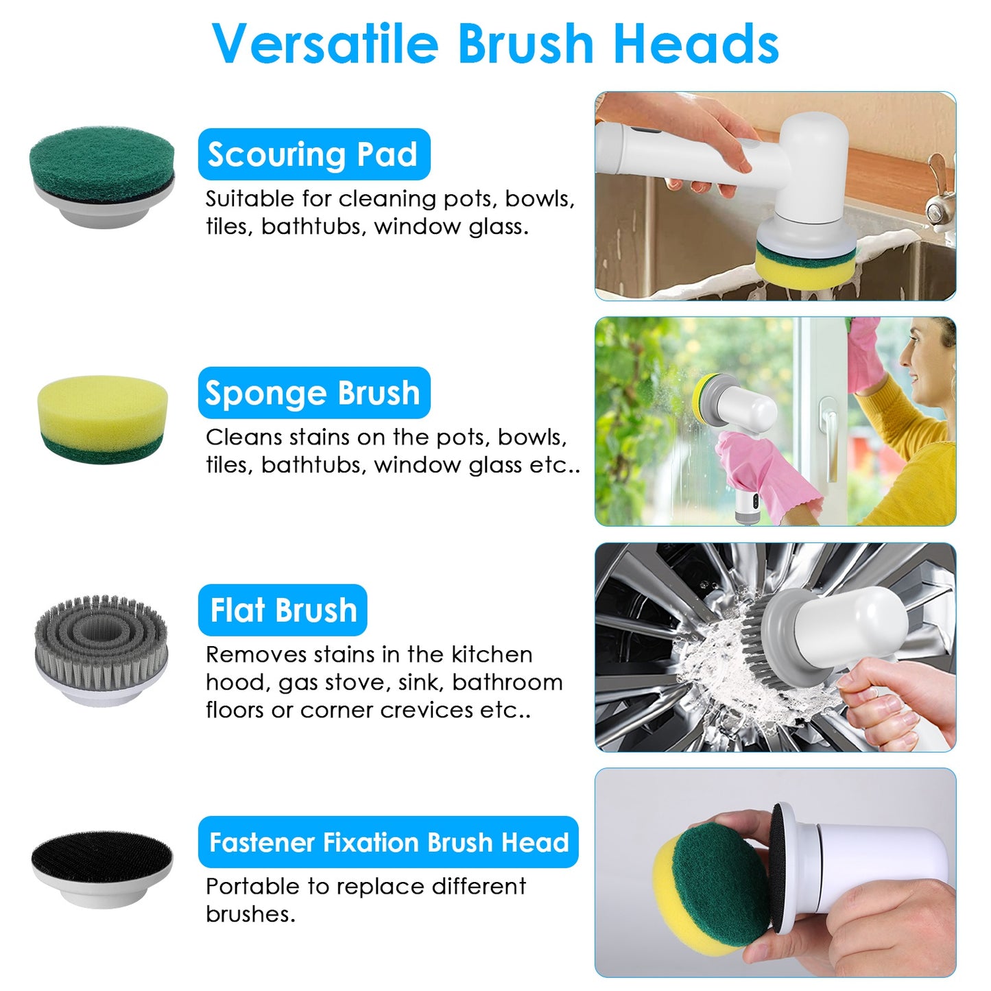 Cordless Electric Spin Scrubber Rechargeable Multi-Head Cleaning Brush