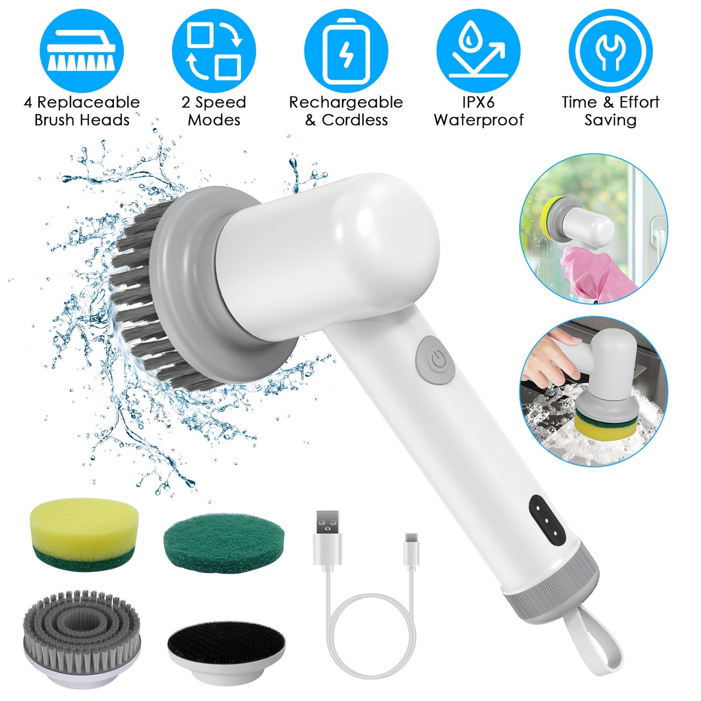 Cordless Electric Spin Scrubber Rechargeable Multi-Head Cleaning Brush