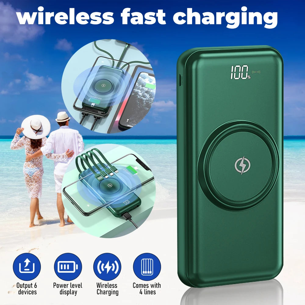 Wireless Power Bank – 4 Built-in Cables & 15W Fast Charging