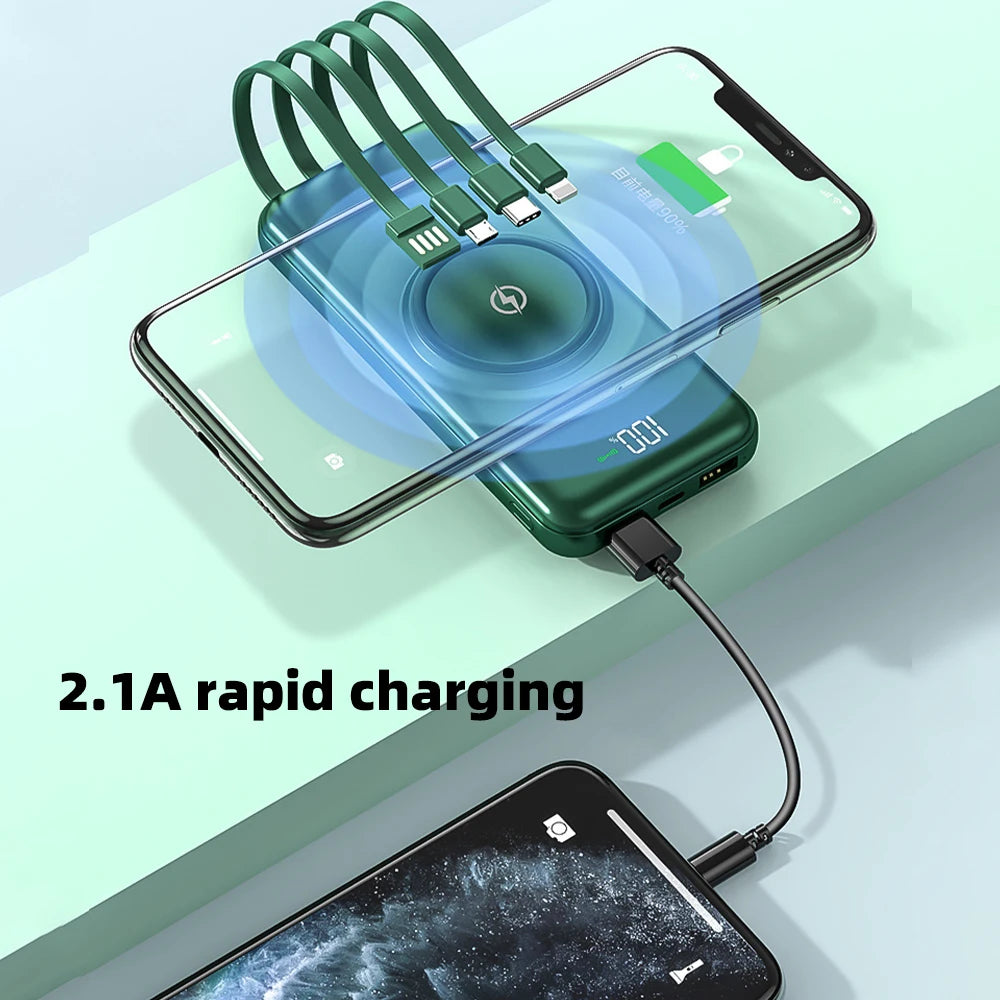 Wireless Power Bank – 4 Built-in Cables & 15W Fast Charging