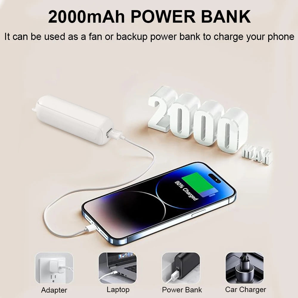 Mini Portable Fan with 2000mAh Power Bank – Foldable Handheld & Desk Fan