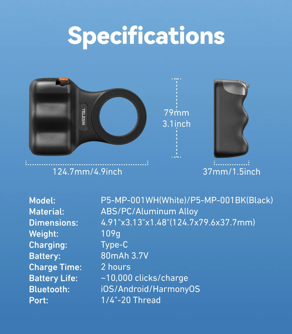 TELESIN Magnetic Grip 2 – Bluetooth Phone Camera Grip with Remote
