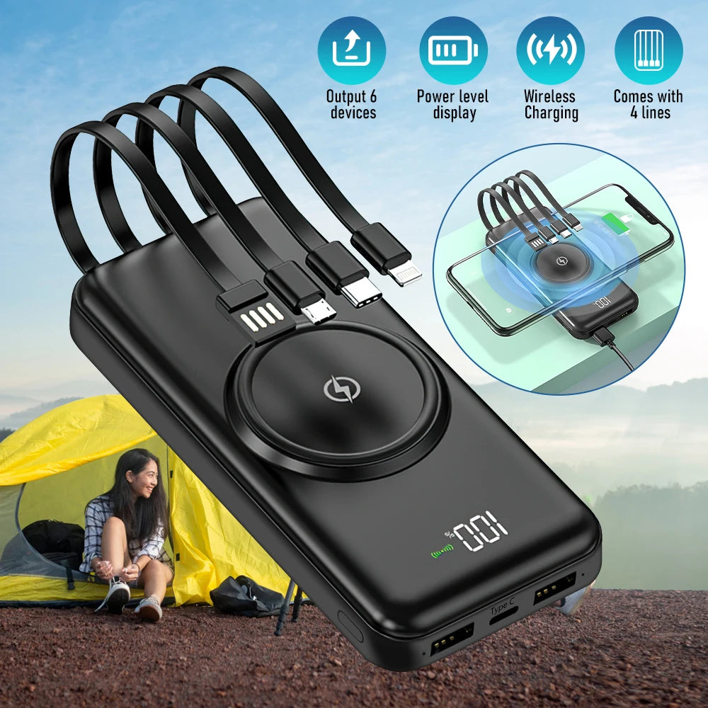 Wireless Power Bank – 4 Built-in Cables & 15W Fast Charging