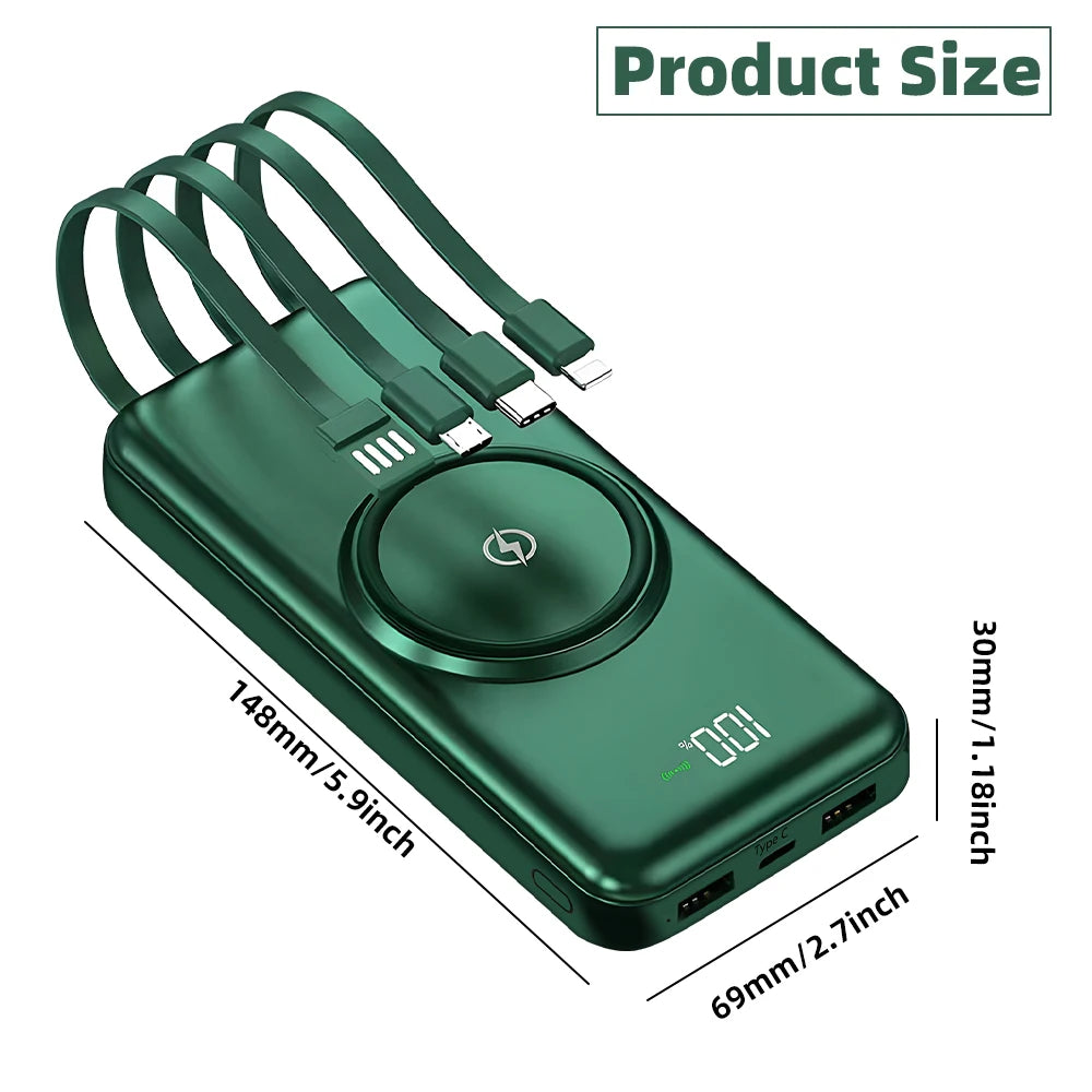 Wireless Power Bank – 4 Built-in Cables & 15W Fast Charging