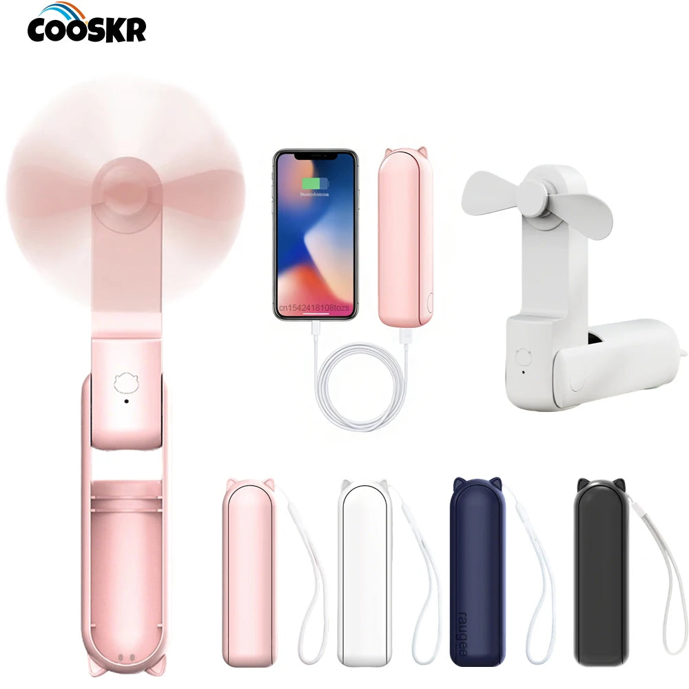 Mini Portable Fan with 2000mAh Power Bank – Foldable Handheld & Desk Fan