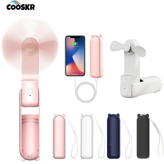 Mini Portable Fan with 2000mAh Power Bank – Foldable Handheld & Desk Fan