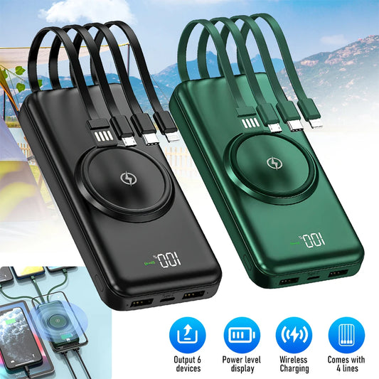Wireless Power Bank – 4 Built-in Cables & 15W Fast Charging