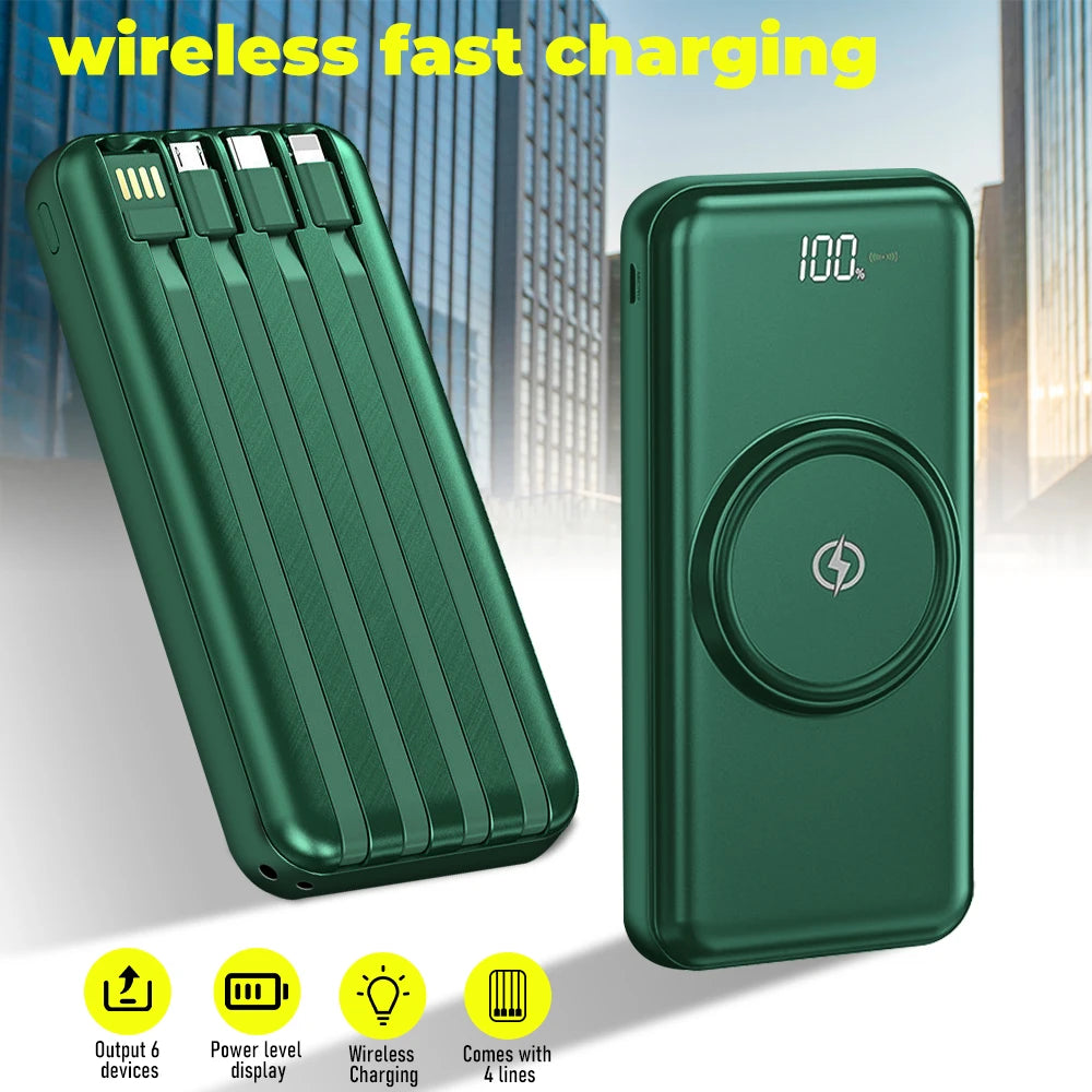 Wireless Power Bank – 4 Built-in Cables & 15W Fast Charging