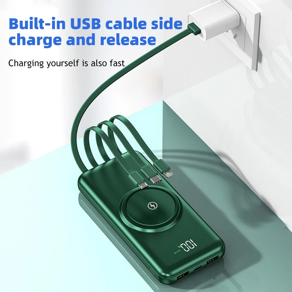 Wireless Power Bank – 4 Built-in Cables & 15W Fast Charging