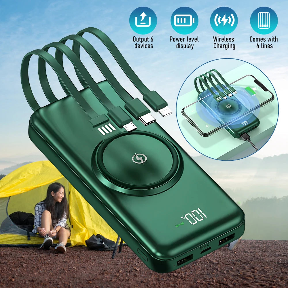 Wireless Power Bank – 4 Built-in Cables & 15W Fast Charging